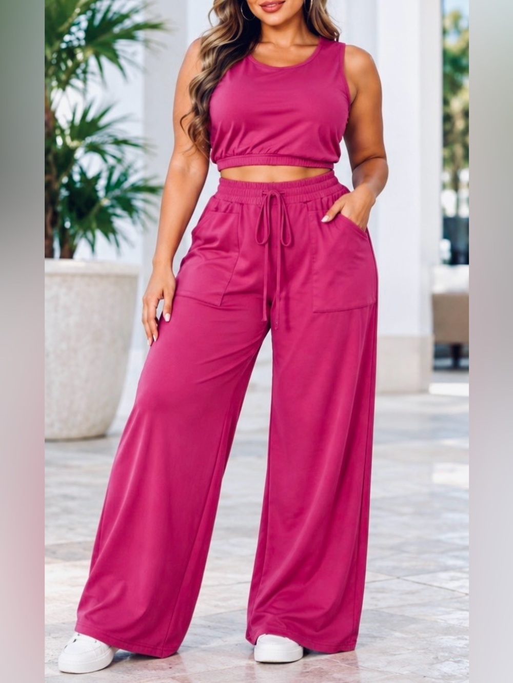 ChicMe~ Women’s Fuschia Wide-Leg Drawstring Pants & Top Set M (New without tag)